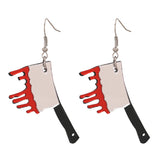Acrylic and silver-plated drop earrings featuring a bleeding knife design, perfect for Halloween festivities.